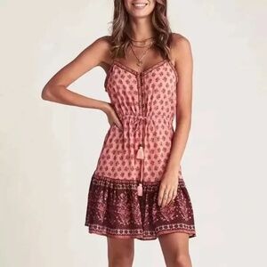 Pink & Maroon Floral Ornate Bohemian Gypsy Button Front Tank Summer Casual Dress